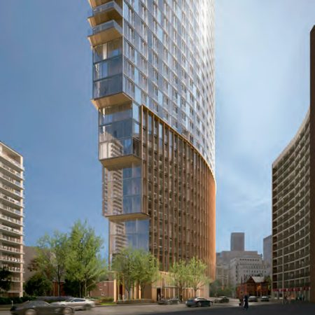 Triangular tower for triangular lot in the Bloor-Yorkville neighborhood; rendering by Diamond + Schmitt