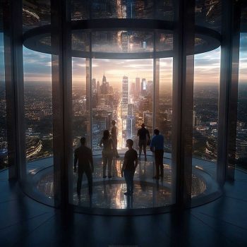 2- Energy-based panoramic Elevator inside a futuristic transparent building with bright colored lights