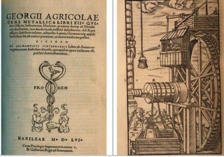 1546: Conveyor system operated by waterpower in a mine shaft; The direction of travel is controlled by the water supply to the left and right rotating paddle wheels (from: Georgii Agricolae “De re metallica” Libri XII) From MDZ Munich Digitization Centre, Digital Library.