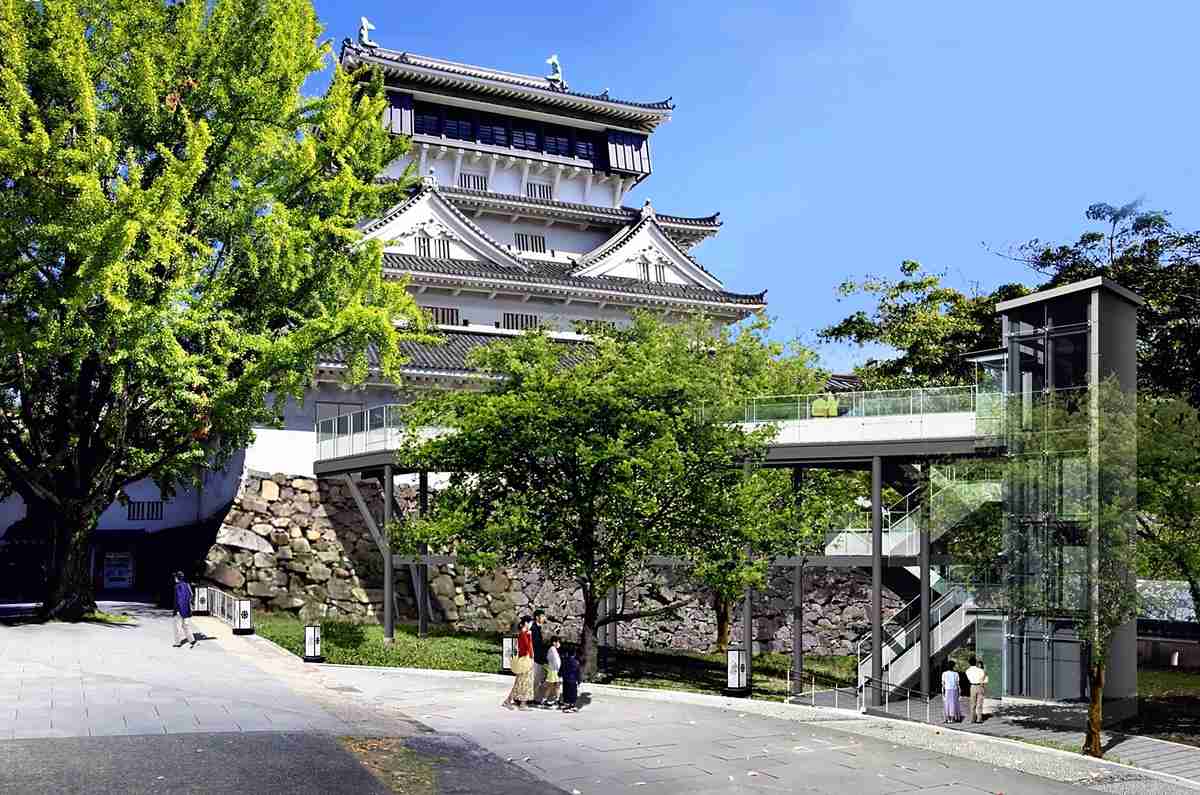 JAPAN CASTLE TO GET OUTDOOR ELEVATOR Rendering of the outdoor elevator; image via The Japan News