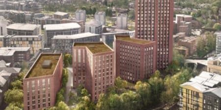 Residential tower scheme for Birmingham, U.K.; rendering by Chapman Taylor via Building Design