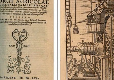 1546: Conveyor system operated by waterpower in a mine shaft; The direction of travel is controlled by the water supply to the left and right rotating paddle wheels (from: Georgii Agricolae “De re metallica” Libri XII) From MDZ Munich Digitization Centre, Digital Library.