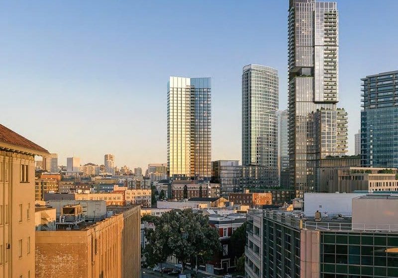 98 Franklin Street, left, will cut a striking figure on the Civic Center neighborhood skyline; rendering by SOM. 