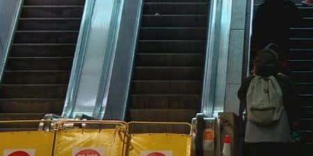 Escalators at the station are out of service; image via CBS News Boston. 