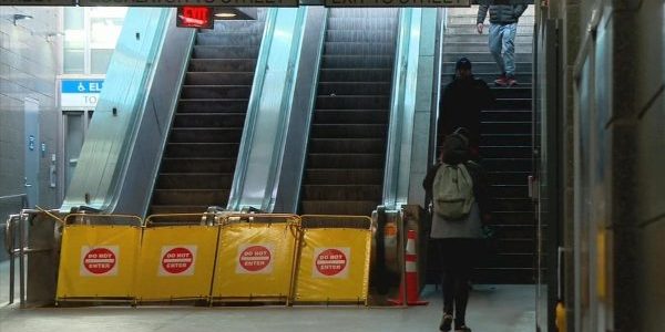 Escalators at the station are out of service; image via CBS News Boston. 