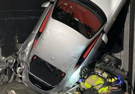 Ferrari stuck in the hoistway at Ferrari of Palm Beach; photo courtesy of PBCFR