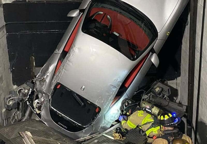 Ferrari stuck in the hoistway at Ferrari of Palm Beach; photo courtesy of PBCFR