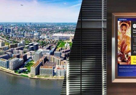 Digital screens have been placed in residential elevators at the Royal Wharf development in London; image via ThisWeekinFM.com. 