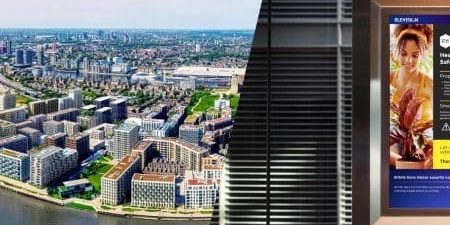 Digital screens have been placed in residential elevators at the Royal Wharf development in London; image via ThisWeekinFM.com. 