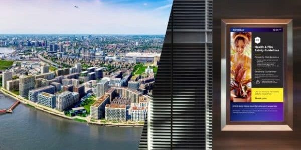 Digital screens have been placed in residential elevators at the Royal Wharf development in London; image via ThisWeekinFM.com. 