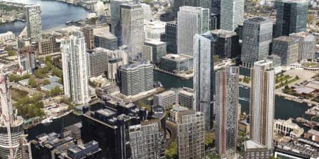 225 Marsh Wall is pictured at the right of the cluster of tall buildings on the right-hand side of the image; courtesy of Scott Brownrigg/Farrells/Make