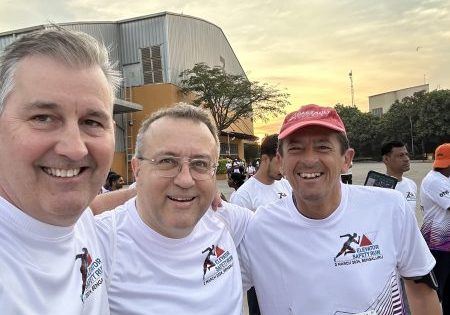 T. Bruce MacKinnon, Paolo Tattoli and Massimo Bezzi were among many who enjoyed the inaugural Elevator Safety Run at SLM World 2024; photo courtesy of T. Bruce MacKinnon.