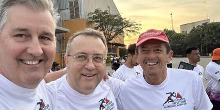 T. Bruce MacKinnon, Paolo Tattoli and Massimo Bezzi were among many who enjoyed the inaugural Elevator Safety Run at SLM World 2024; photo courtesy of T. Bruce MacKinnon.