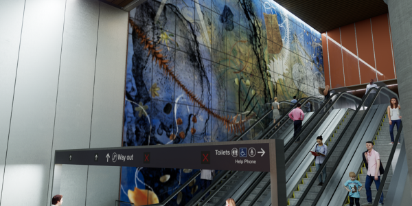 Escalators and public art at the new Roma Street underground station; image courtesy of Cross River Rail