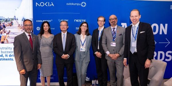 Finland speakers at Nokia's “No Green Without Digital” session at COP28 were (l-r) Subho Mukherjee, vice president Sustainability and global head of ESG at Nokia; Melissa Schoeb, chief corporate affairs officer at Nokia; Guangzhe Chen, vice president, Infrastructure, at World Bank; Araceli Fernandez Pales, head of the Technology Innovation Unit at International Energy Agency; Sebastien Weber, global chief information officer at E.On; Hatem Dowidar, group CEO at e&; and Heikki Malinen, president and CEO at Outokumpu; image courtesy of Business Finland. 