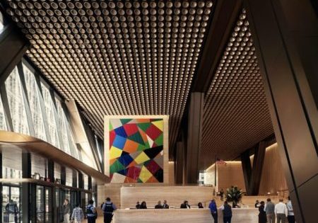 The soaring lobby; photo by Michael Young for New York YIMBY