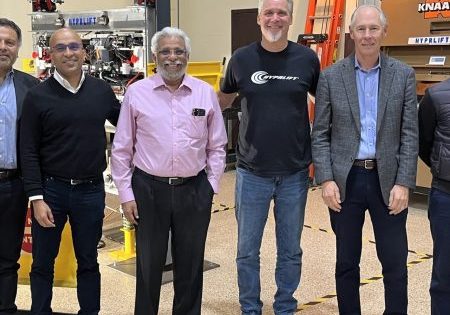 l-r: Dilip Rangnekar (advisor to Hyprlift), Mathew Thomas (advisor to Johnson Lifts), John K John (Chairman and Managing Director at Johnson Lifts), James Hutchinson (founder and CEO at Hyprlift), Randy Wilcox (advisor to Hyprlift), and Yohan John (Director at Johnson Lifts).