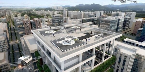 A computer-generated image of an H-PORT takeoff and landing site that Hyundai Elevator unwrapped at the New Urban Development Project Neom Roadshow jointly held by the Korean Ministry of Land, Infrastructure, and Transport and the Saudi Arabian government in July 2023; image via Business Korea