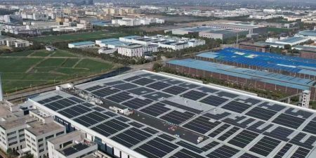 A bird's-eye view of Hyundai Elevator's Shanghai Smart Campus with the new solar power system installed; image courtesy of Hyundai Elevator