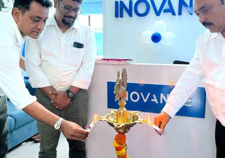 Lamp-lighting ceremony at the Hyderabad office inauguration; (l-r) are Anil Kumar, director; Christopher Thiagarajan, business development head; and Amit Vora, national sales head.