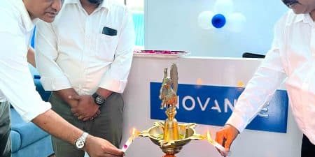 Lamp-lighting ceremony at the Hyderabad office inauguration; (l-r) are Anil Kumar, director; Christopher Thiagarajan, business development head; and Amit Vora, national sales head.