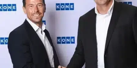 (l-r) Orbitz Elevators founder Jonathan Dwayre with KONE Australia managing director Marek Oppeln-Bronikowski; image courtesy of KONE via Business News Australia