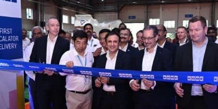 KONE India Managing Director Amit Gossain and fellow leaders cut the ribbon on the new facility; image courtesy of KONE. 