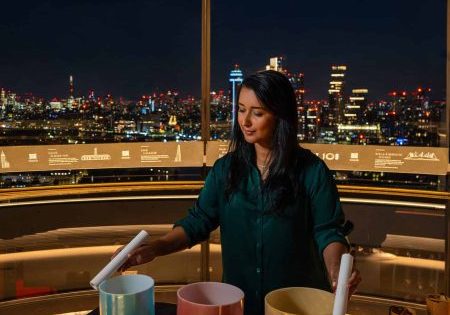 During the sessions, attendees will be immersed in the resonant tones of alchemy crystal singing bowls; image courtesy of Battersea Power Station. 