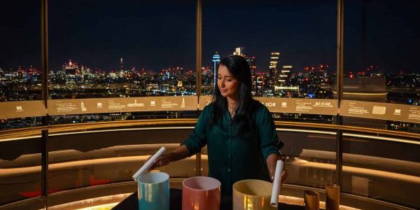 During the sessions, attendees will be immersed in the resonant tones of alchemy crystal singing bowls; image courtesy of Battersea Power Station. 