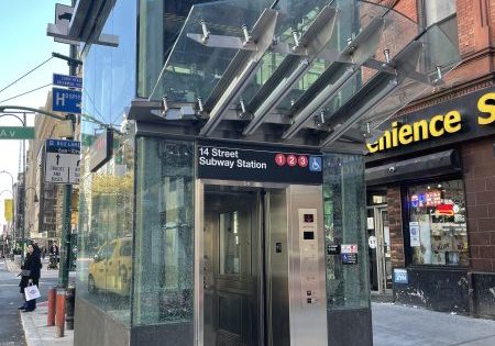 ADA elevator taking passengers from street level to the mezzanine; image courtesy of MTA