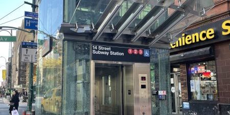 ADA elevator taking passengers from street level to the mezzanine; image courtesy of MTA