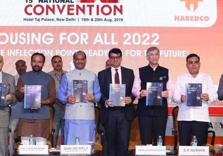 G. Kishan Reddy, union minister of state for Home Affairs, and Om Birla, speaker of the Lok Sabha, along with the NAREDCO leadership team at the launch of a joint report by NAREDCO and KPMG titled “Disruptions in the Real Estate Sector in India” 