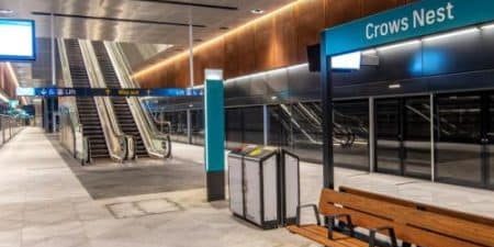 New escalators help provide accessibility at the new Crows Nest Metro Station in Sydney; image courtesy of NSW. 