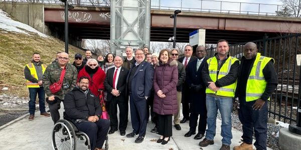 Local and MTA officials and staff join disability rights advocates at a February 22 press conference; photo courtesy of MTA.