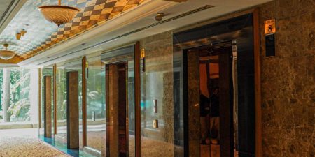 Elevator bank at the Hotel Borobudur Jakarta; image courtesy of Otis