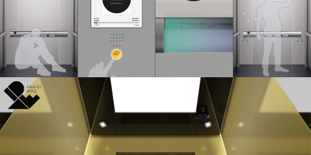 The Lifeguard Handrail, top, and the Klimt Gold style of the Gen3 Ambiance Series, bottom; image courtesy of Otis