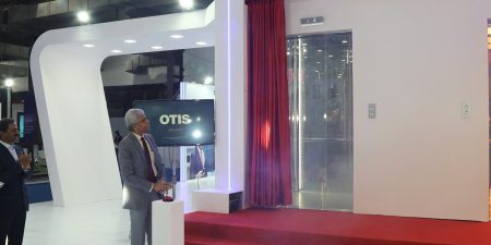 Otis India President Sebi Joseph introduces the Gen3 elevator at ISEE; photo courtesy of Otis India. 