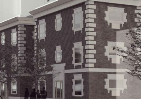 Looking southwest to the retained heritage façade of the podium, image from submission to City of Toronto via Urban Toronto