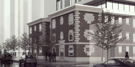 Looking southwest to the retained heritage façade of the podium, image from submission to City of Toronto via Urban Toronto