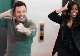 Jimmy Fallon and Michelle Obama bust a move in front of surprised elevator riders; image courtesy of NBC. 