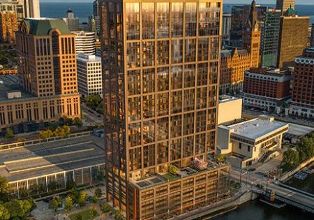 Construction on the 31-story timber tower has begun in downtown Milwaukee; image courtesy of Hartshorne Plunkard Architecture.