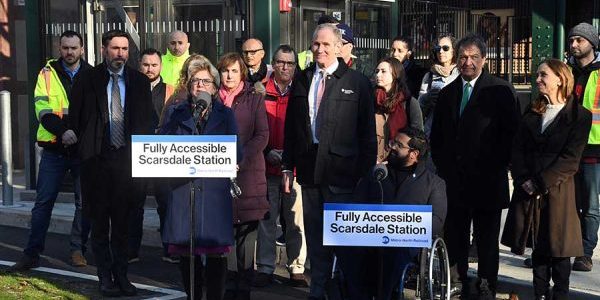 SCARSDALE METRO STATION MADE ACCESSIBLE BY SECOND ELEVATOR PROJECT Officials welcome the fully accessible station; image courtesy of MTA.