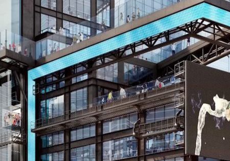 A rendering shows the viewing platforms and glass elevator shaft; image via New York YIMBY.