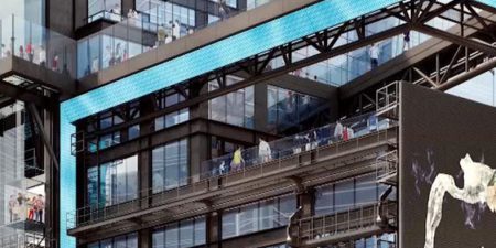 SCHINDLER TIMES SQUARE ELEVATOR SYSTEM INCLUDES GLASS SHAFT A rendering shows the viewing platforms and glass elevator shaft; image via New York YIMBY.