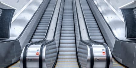 Escalators and moving walks are engineered for long lives, employing materials with high recyclability rates; image courtesy of Schindler. 