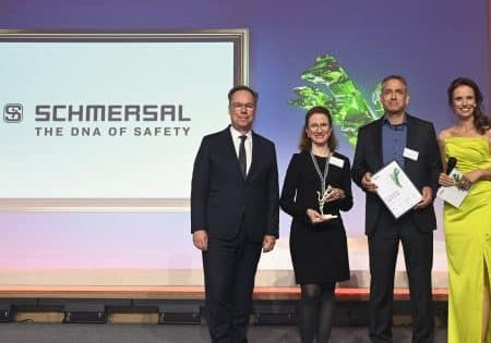  Dr. Anna Dahlem, head of People and Culture, and Christian Dorr (center), chief administrative officer, Schmersal Group, accept the Best Managed Companies Award 2024 in Frankfurt; image courtesy of Schmersal. 