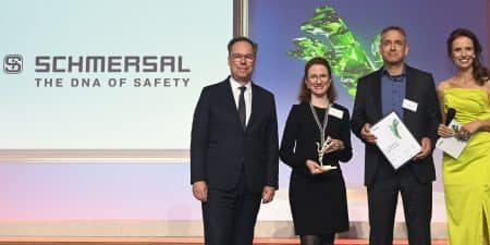  Dr. Anna Dahlem, head of People and Culture, and Christian Dorr (center), chief administrative officer, Schmersal Group, accept the Best Managed Companies Award 2024 in Frankfurt; image courtesy of Schmersal. 