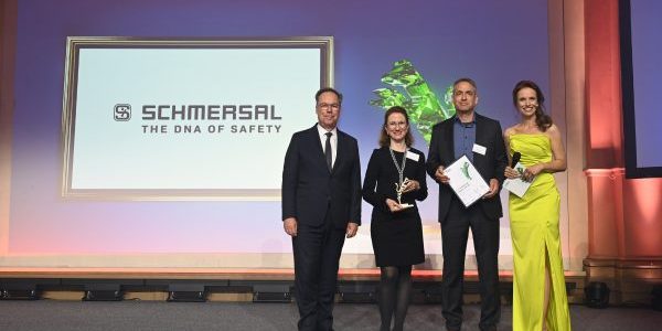  Dr. Anna Dahlem, head of People and Culture, and Christian Dorr (center), chief administrative officer, Schmersal Group, accept the Best Managed Companies Award 2024 in Frankfurt; image courtesy of Schmersal. 