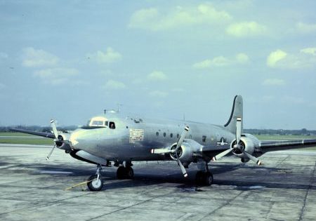 Douglas VC-54C Skymaster, nicknamed the "Sacred Cow," circa 1947; image by U.S. Air Force photo 342-C-K-4822 via Wikipedia. 