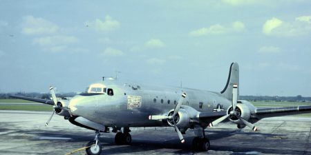 Douglas VC-54C Skymaster, nicknamed the "Sacred Cow," circa 1947; image by U.S. Air Force photo 342-C-K-4822 via Wikipedia. 